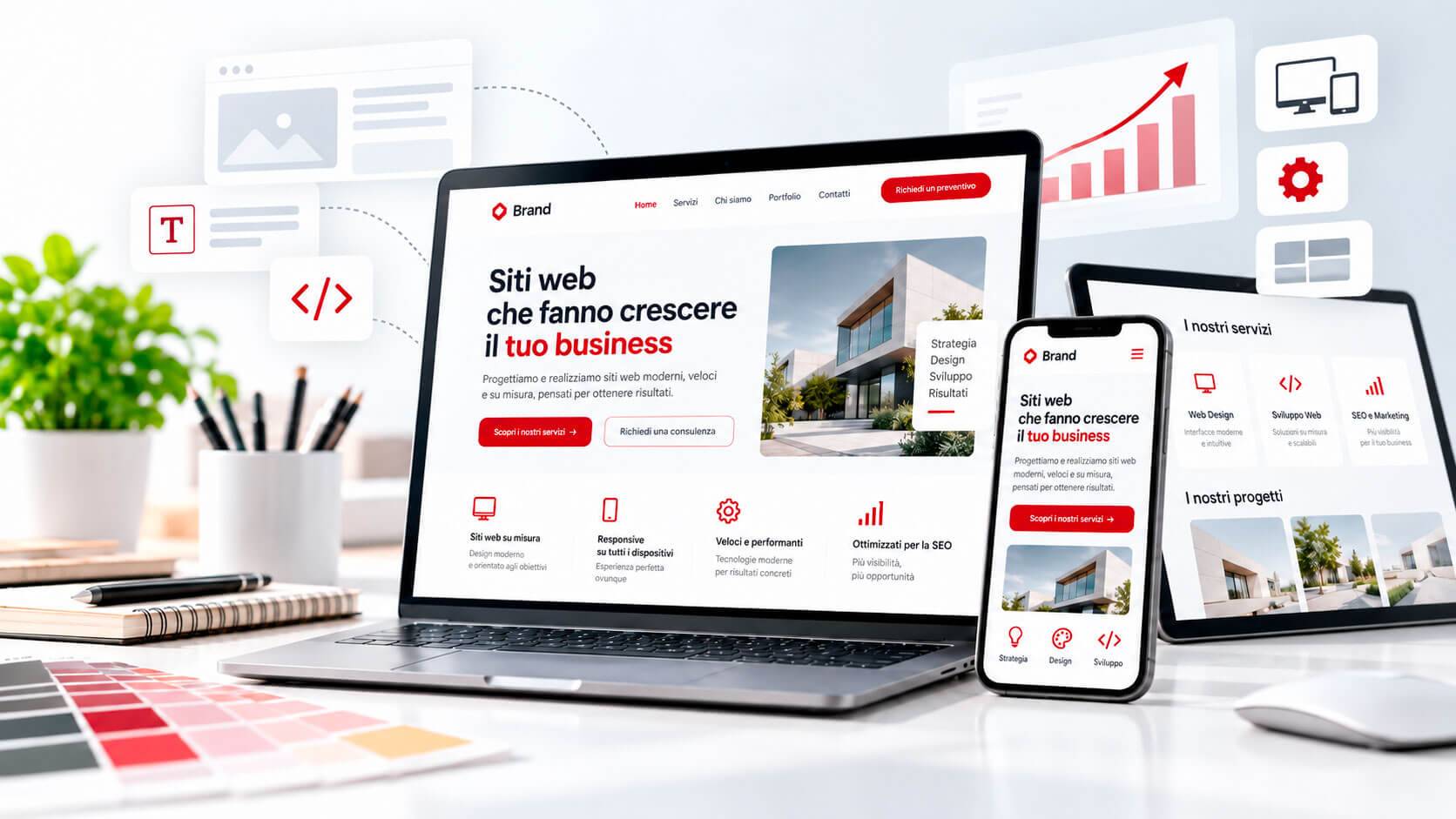 Realizzazione di siti web personalizzati, responsive e ottimizzati per SEO e performance, con design su misura e visualizzazione su desktop, tablet e smartphone.