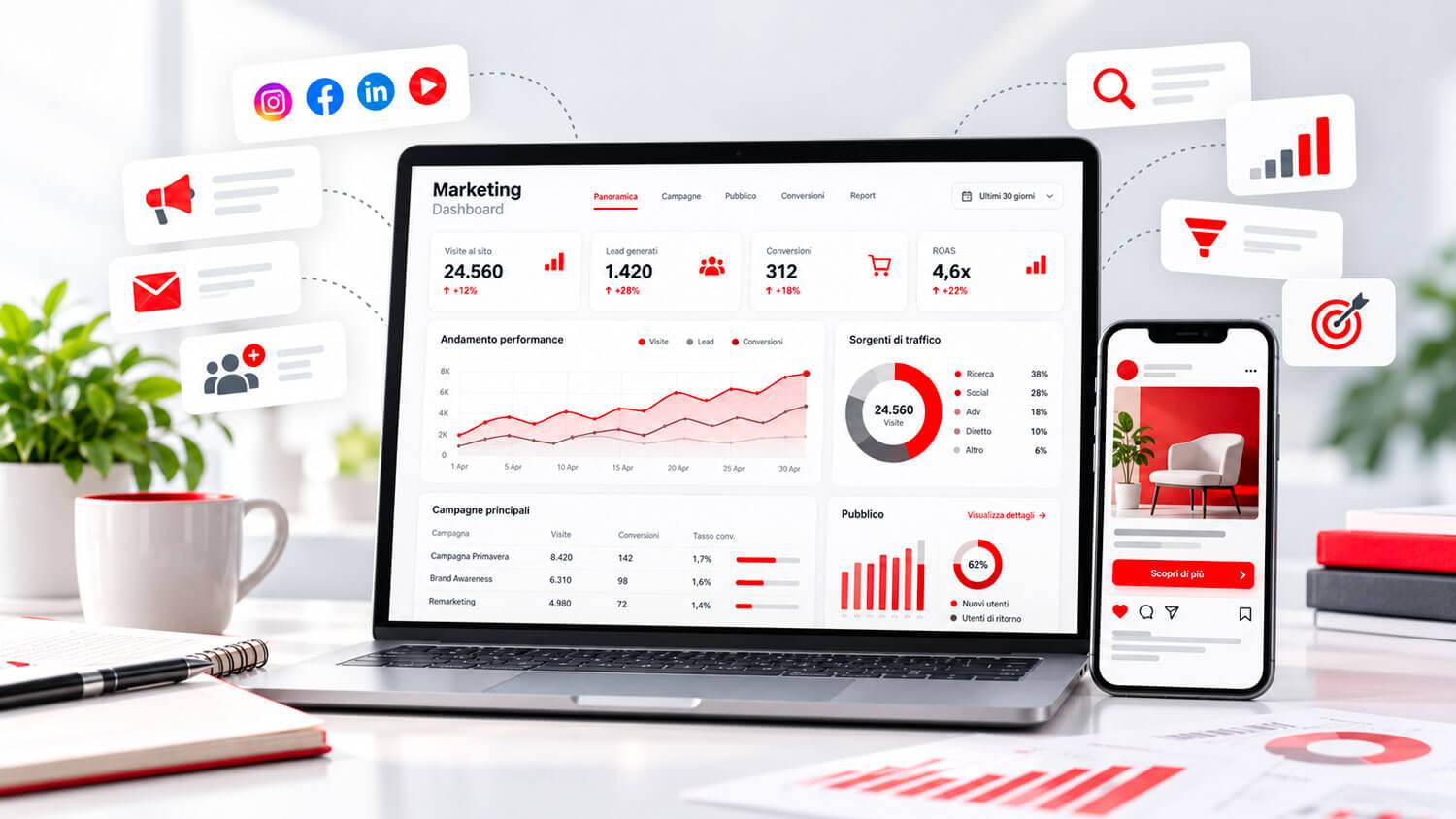 Web marketing con dashboard di analisi, campagne pubblicitarie, social media, email marketing, generazione lead, conversioni e monitoraggio delle performance.
