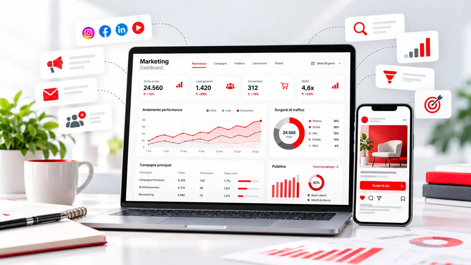 Web marketing con dashboard di analisi, campagne pubblicitarie, social media, email marketing, generazione lead, conversioni e monitoraggio delle performance.
