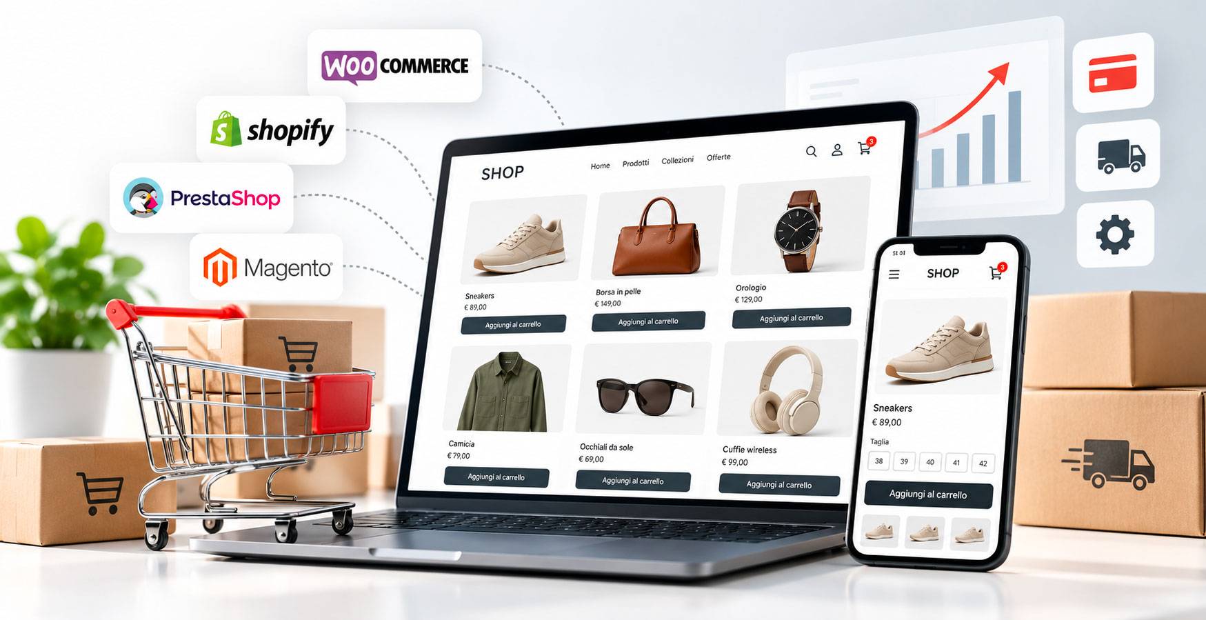 E-commerce responsive visualizzato su laptop e smartphone, con catalogo prodotti, carrello, pagamenti, spedizioni e principali piattaforme per la vendita online.