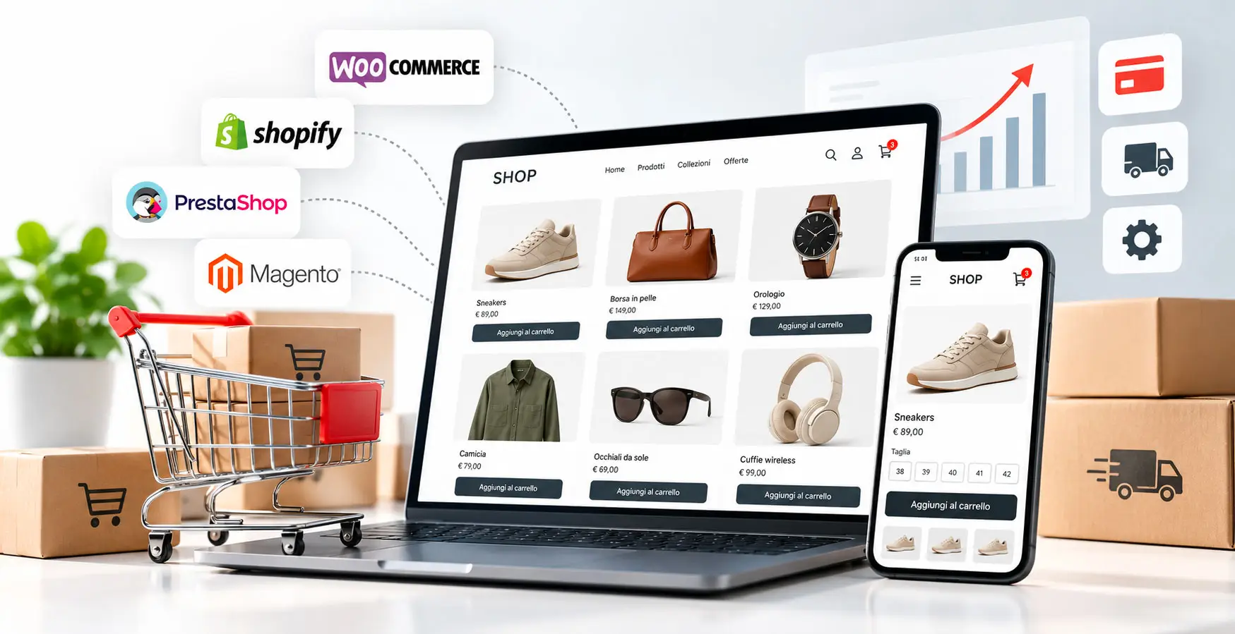 E-commerce responsive visualizzato su laptop e smartphone, con catalogo prodotti, carrello, pagamenti, spedizioni e principali piattaforme per la vendita online.