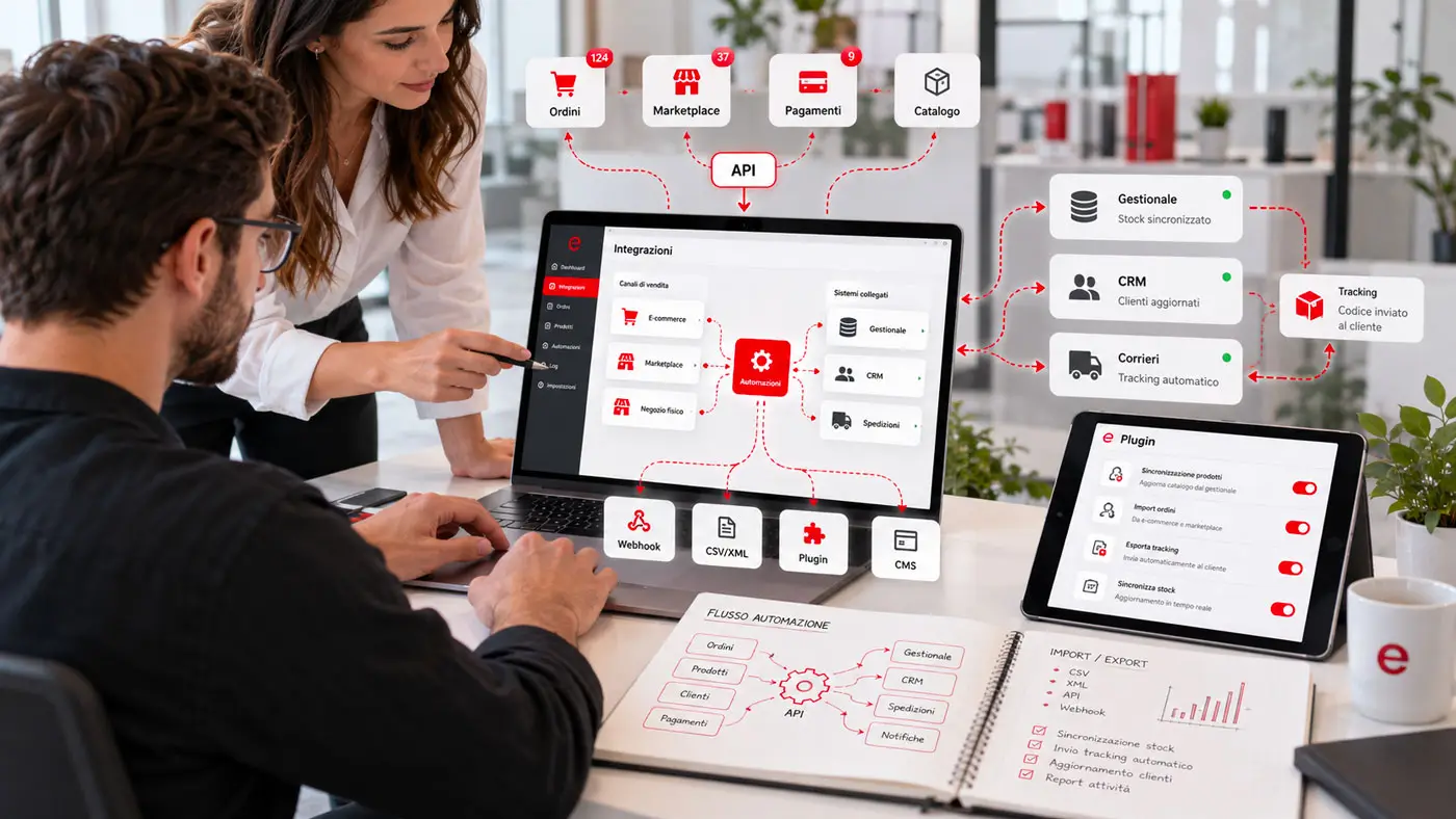 Integrazione tra e-commerce, gestionale, CRM, corrieri e servizi esterni tramite API, webhook, plugin e automazioni per sincronizzare ordini, prodotti, disponibilità e tracking.
