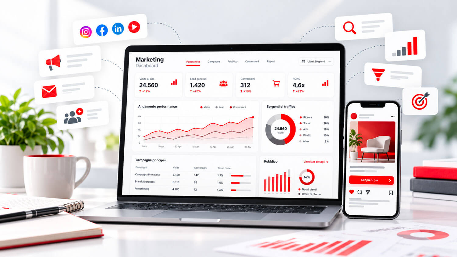 Web marketing con dashboard di analisi, campagne pubblicitarie, social media, email marketing, generazione lead, conversioni e monitoraggio delle performance.
