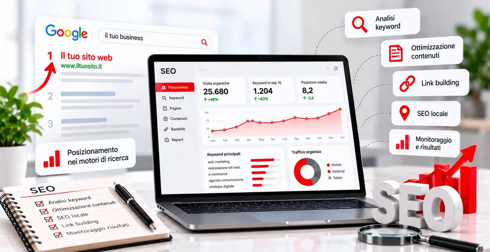 Servizi SEO con analisi delle keyword, ottimizzazione dei contenuti, SEO locale, link building e monitoraggio del posizionamento e del traffico organico.