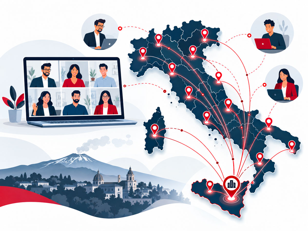 Infografica con mappa dell’Italia collegata alla Sicilia, sede a Gravina di Catania e collaborazioni con agenzie in tutta Italia anche da remoto.