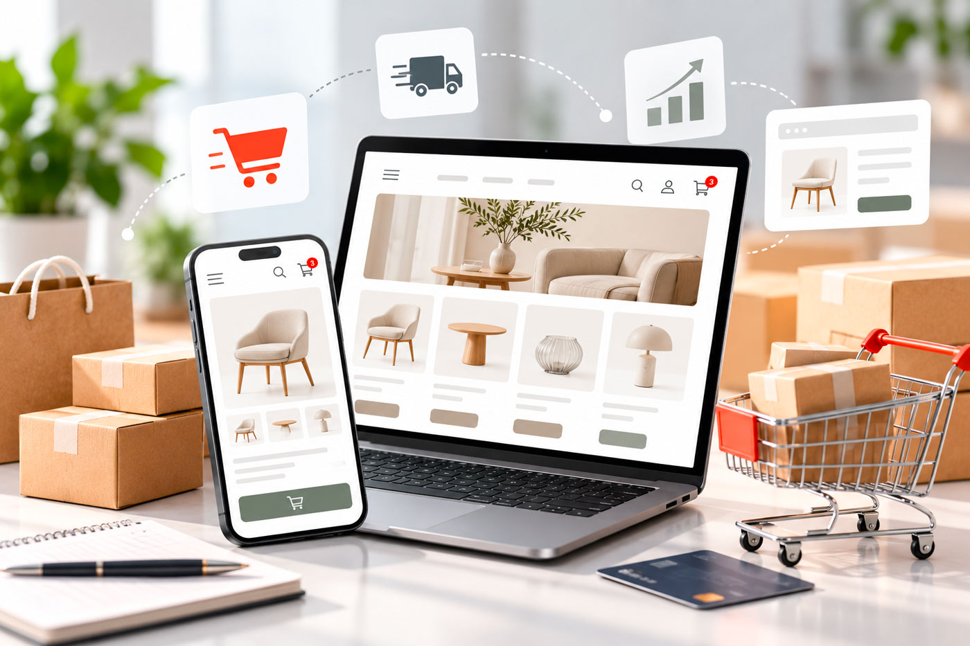 Ecommerce responsive visualizzato su laptop e smartphone, con catalogo prodotti, pacchi per le spedizioni, carrello e icone dedicate a vendite, consegne e acquisti online.