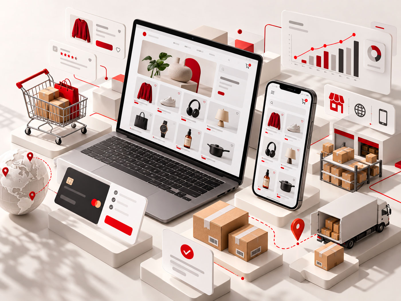 Realizzazione e-commerce su misura con gestione prodotti, pagamenti online, spedizioni, vendite da desktop e mobile e integrazione dei processi di vendita.