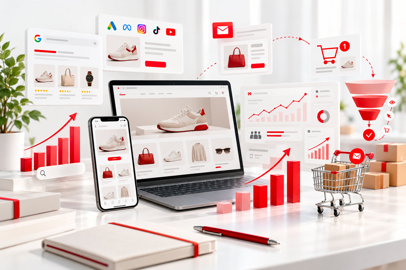 Illustrazione del marketing per ecommerce con laptop e smartphone, dashboard di analisi, grafici di crescita, campagne digitali, email marketing, funnel di conversione e carrello, a rappresentare SEO, advertising e ottimizzazione delle vendite online.