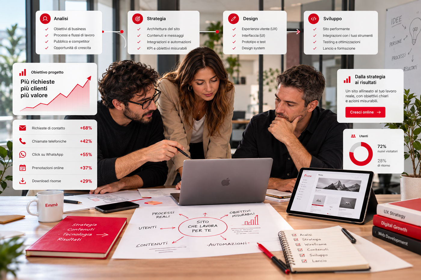 Team al lavoro sulla strategia di un sito web, con analisi dei processi, obiettivi misurabili e attività di progettazione, sviluppo e marketing coordinate.