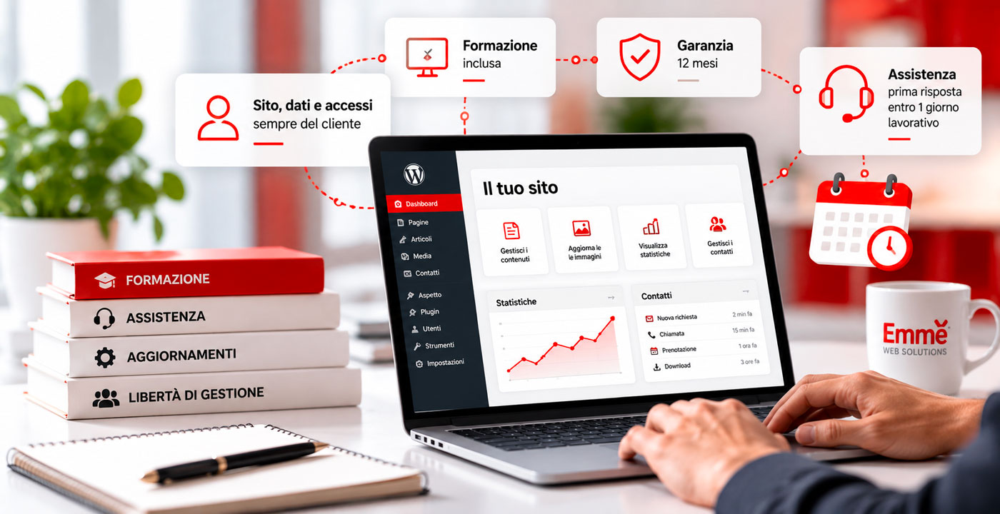 Gestione autonoma del sito web dopo la pubblicazione, con formazione inclusa, garanzia di 12 mesi e assistenza tecnica entro un giorno lavorativo.