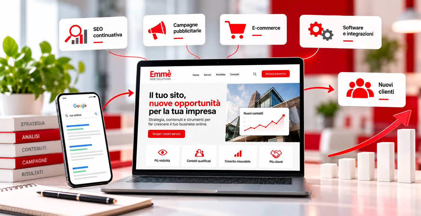 Sito web inserito in un processo di acquisizione clienti, con SEO, campagne pubblicitarie, e-commerce e integrazioni software collegati alla crescita dei contatti e delle opportunità commerciali.