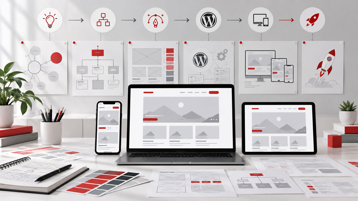 Progettazione di un sito web responsive con wireframe, struttura delle pagine, sviluppo WordPress e visualizzazione su desktop, tablet e smartphone.