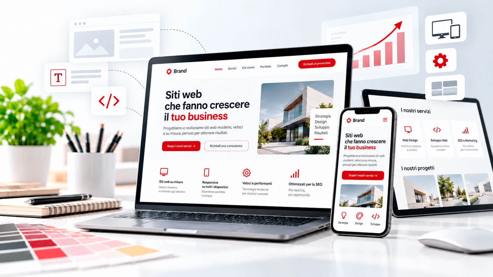 Realizzazione di siti web personalizzati, responsive e ottimizzati per SEO e performance, con design su misura e visualizzazione su desktop, tablet e smartphone.