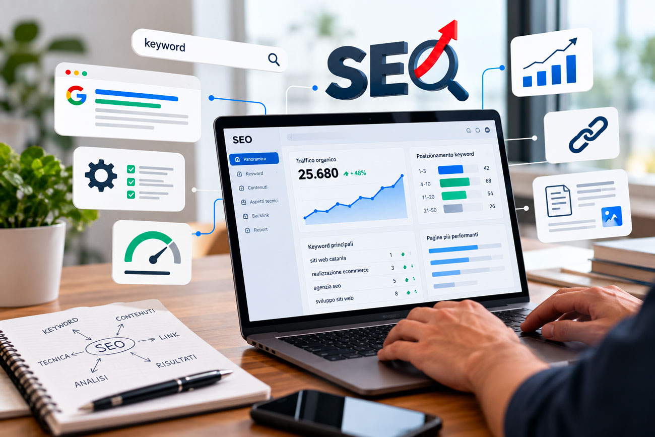 Analisi SEO con ricerca keyword, monitoraggio del traffico organico, posizionamento, contenuti, backlink e ottimizzazione tecnica visualizzati in una dashboard.