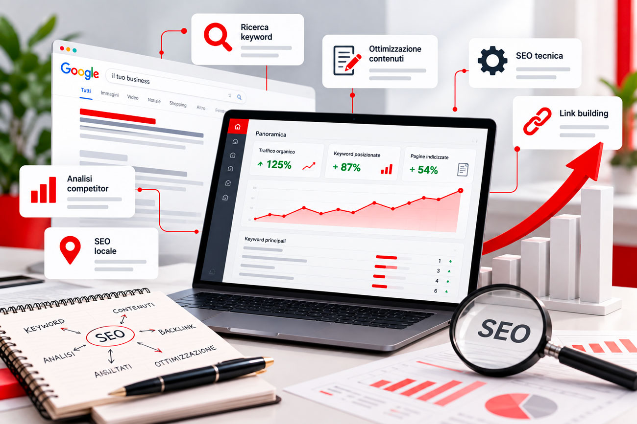 Servizi SEO con analisi delle keyword, ottimizzazione dei contenuti, SEO tecnica, link building, SEO locale e monitoraggio della crescita organica.