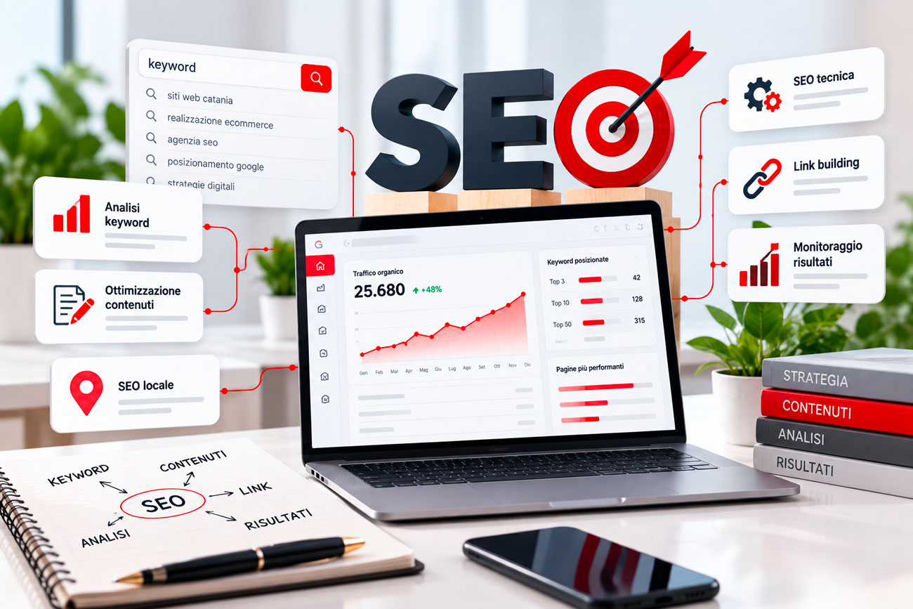 Servizi SEO con analisi delle keyword, ottimizzazione dei contenuti, SEO tecnica, link building, SEO locale e monitoraggio della crescita organica.