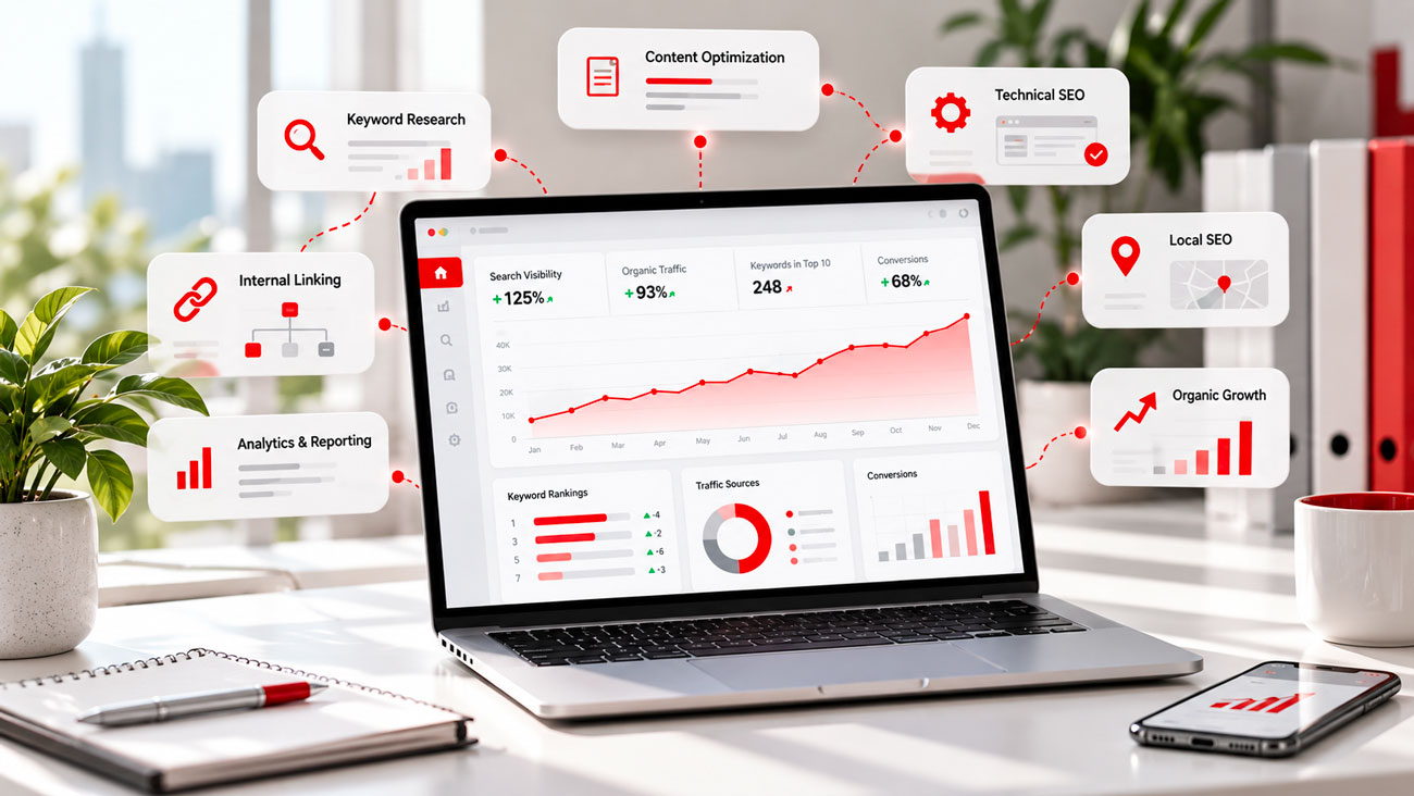 Servizi SEO rappresentati attraverso una dashboard con crescita del traffico organico, analisi keyword, ottimizzazione dei contenuti, SEO tecnica, link interni e monitoraggio dei risultati.