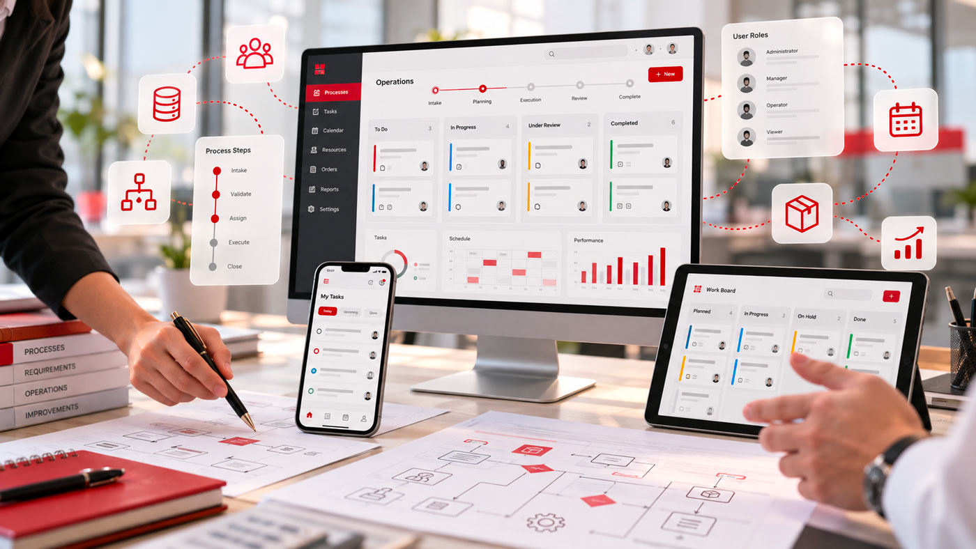 Interfaccia software personalizzata visualizzata su desktop, tablet e smartphone, con gestione dei processi, ruoli utente, attività operative e flussi di lavoro costruiti sulle esigenze aziendali.