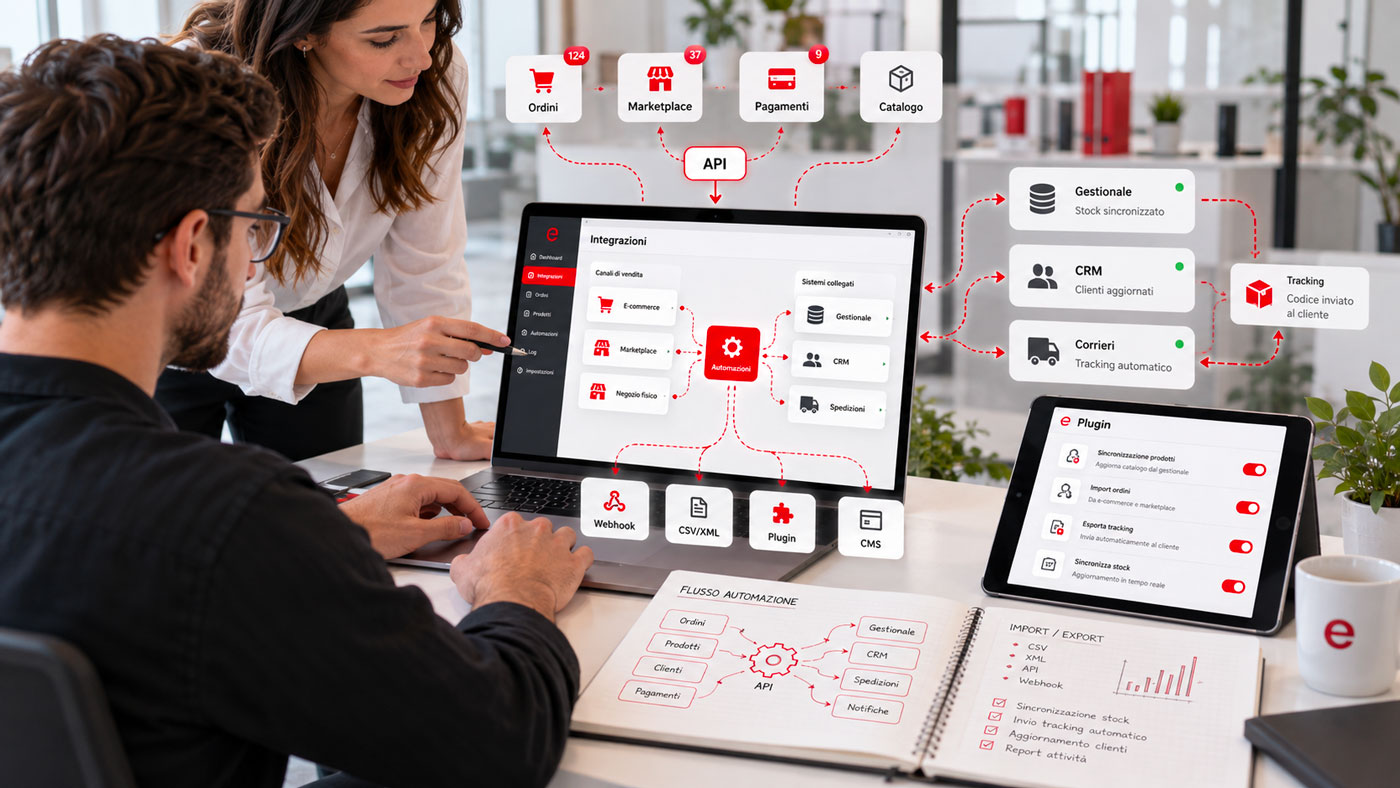 Integrazione tra e-commerce, gestionale, CRM, corrieri e servizi esterni tramite API, webhook, plugin e automazioni per sincronizzare ordini, prodotti, disponibilità e tracking.