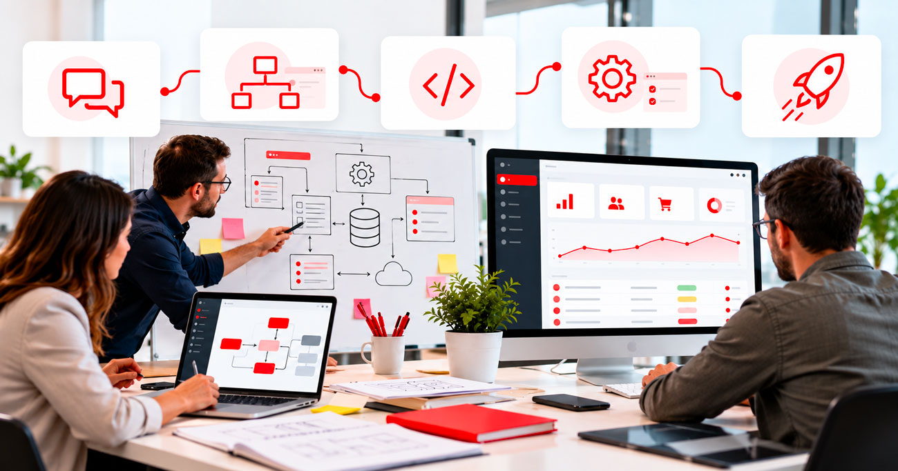 Team al lavoro sulla progettazione e sviluppo di un software, con analisi dei processi, definizione dei flussi, sviluppo, test e pubblicazione dell’applicazione.