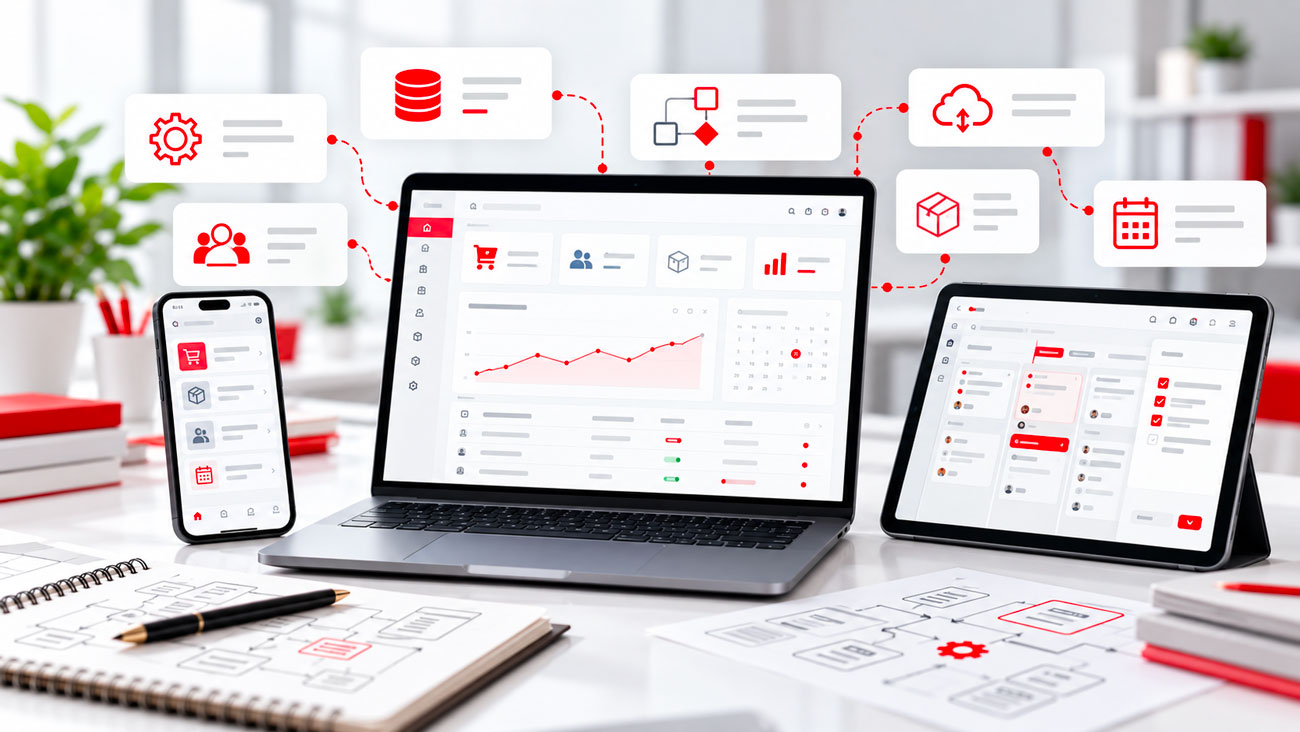 Software gestionale personalizzato visualizzato su desktop, tablet e smartphone, con database, utenti, processi, cloud e automazioni collegati in un unico sistema.
