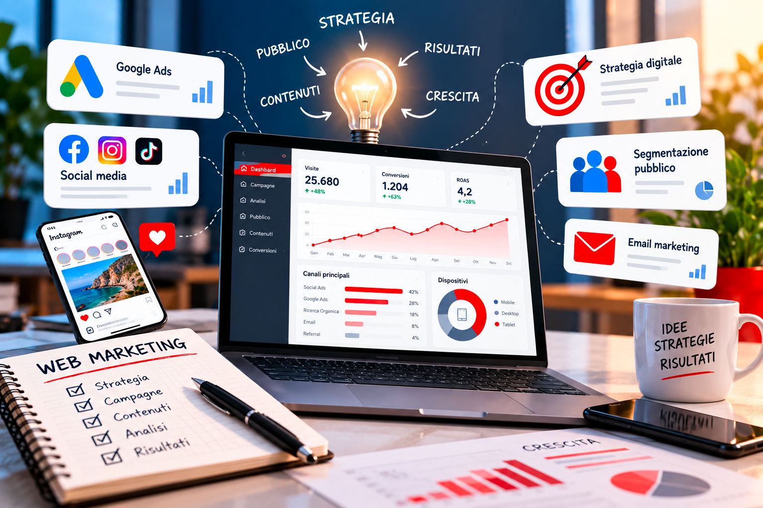 Web marketing con strategia digitale, campagne Google Ads e social, email marketing, segmentazione del pubblico e analisi delle conversioni e dei risultati.