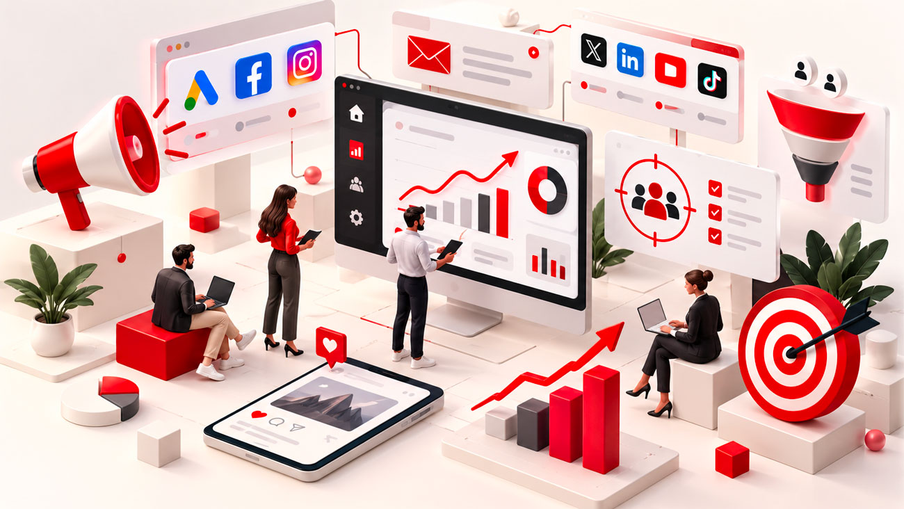 Web marketing rappresentato con campagne pubblicitarie, social media, segmentazione del pubblico, analisi delle performance e strategie orientate alla crescita e alle conversioni.